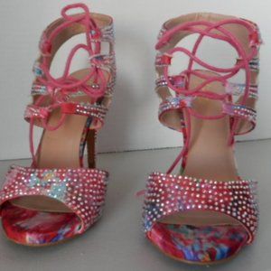Thalia Sodi pink floral lace up heels